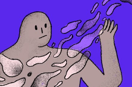 Ilustracja przedstawia postać ludzką przed którą unoszą się przezroczyste, abstrakcyjne kształty - jakby strzępy tkaniny