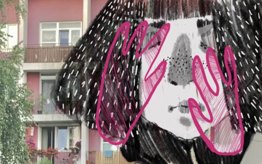 Ilustracja przedstawia twarz dziewczynę, która zasłania twarz rękoma, jakby w płaczu, w tle widać bloki.