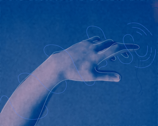 Ilustracja w monochromatycznych odcieniach niebieskiego przedstawia dłoń, której palec dotyka powieszchni wody zostawiając na niej rozchodzące się kręgi