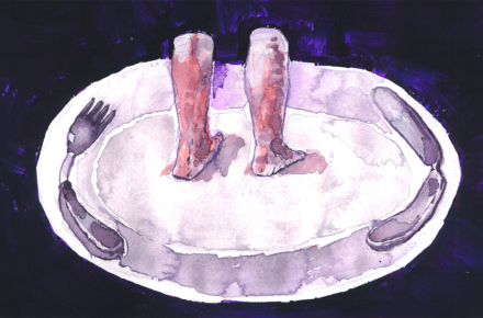 Ilustracja przedstawia nogi na talerzu