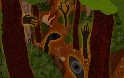 Surrealistyczna ilustracja z motywami roślinnymi i częściami ciała (ręka, oko), całość przypomina las