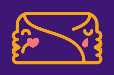 Ilustracja przedstawia dwie schematycznie narysowane, połączone ze sobą profile twarzy, z których jeden jest uśmiechnięty i ma serce na policzku, a drugi smutny i ma łzę na policzku