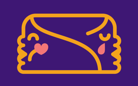 Ilustracja przedstawia dwie schematycznie narysowane, połączone ze sobą profile twarzy, z których jeden jest uśmiechnięty i ma serce na policzku, a drugi smutny i ma łzę na policzku