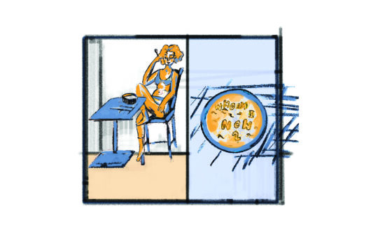 Ilustracja podzielona jest na dwie części. jednak przedstawia kobietę w bieliśnie siedzącą przy stole. Na stole leży miska, kobieta trzyma w ręce łyżkę. Druga część przedstawia miskę, w której pływają litery układające się w napis "who am I now?"