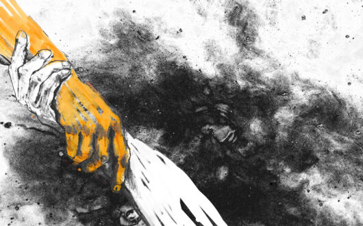 Ilustraca przedstawia pomarańczową i białą dłoń, które trzymają się wzajemnie za nadgarstki