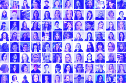 Kolaż ponad 100 zdjęć kobiet w różny wieku - mentorek programu Dare IT