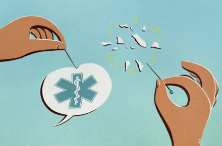 Ilustracja przedstawia dłonie trzymające igły. Jedna dłoń przebija igłą dymek wypowiedzi, w którym znajduje się symbol ochrony zdrowia