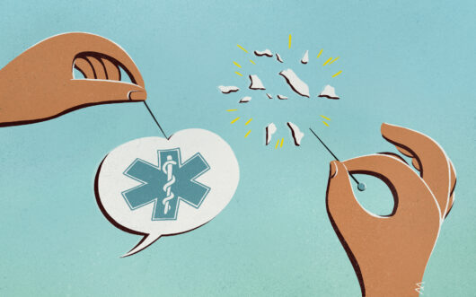 Ilustracja przedstawia dłonie trzymające igły. Jedna dłoń przebija igłą dymek wypowiedzi, w którym znajduje się symbol ochrony zdrowia
