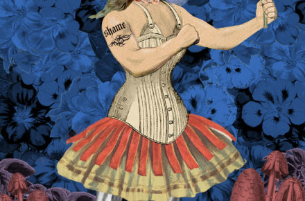 Kolaż przedstawia postać złożoną zarówno z żeńskich jak i męskich atrybutów np. kobieca twarz, umięśnione, męskie ramiona, gorset, spódnica, spodnie i męskie buty. Postać stoi na podłożu z czerwonych grzybów na tle niebieskich kwiatów.